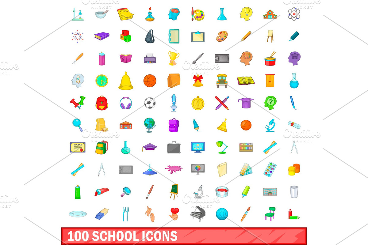 100 school icons set, cartoon style in Illustrations - product preview 8