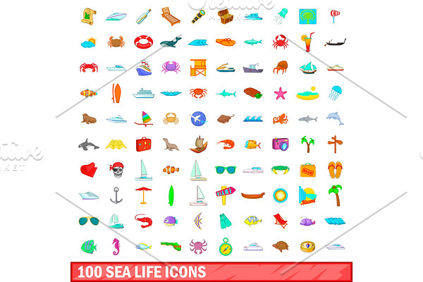 100 sea life icons set, cartoon