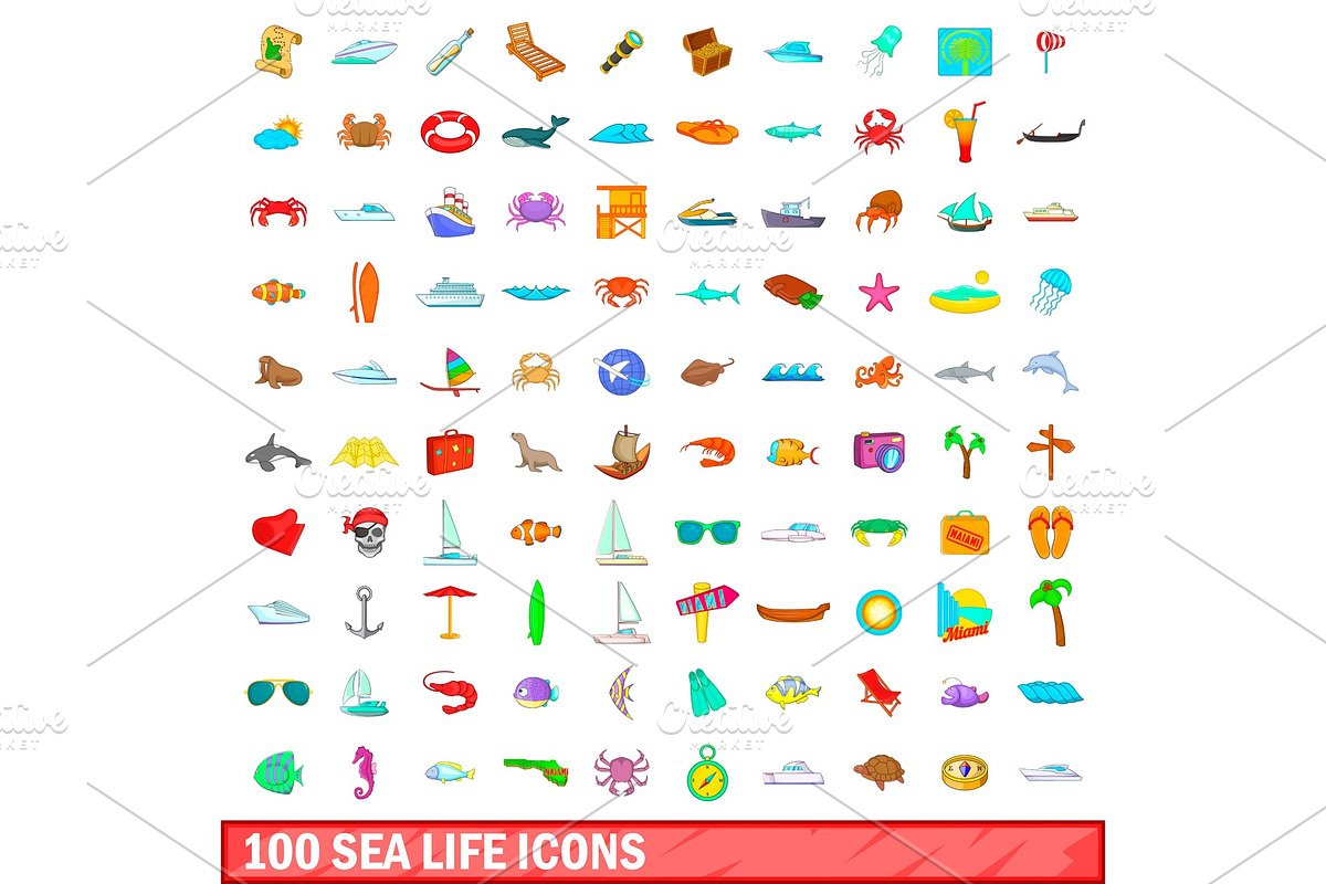 100 sea life icons set, cartoon in Illustrations - product preview 8