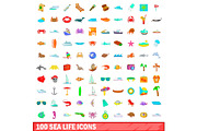 100 sea life icons set, cartoon