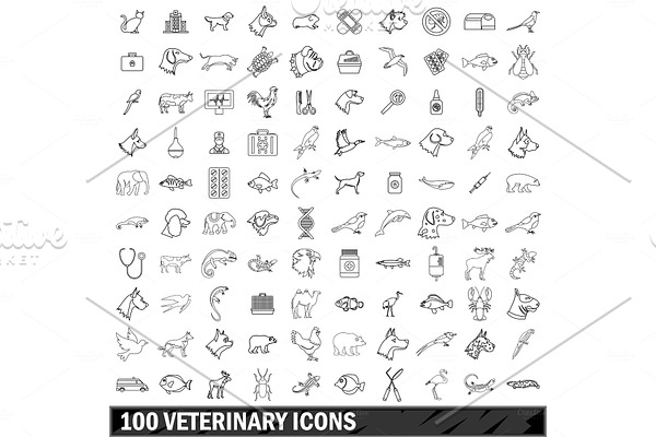 100 veterinary icons set, outline