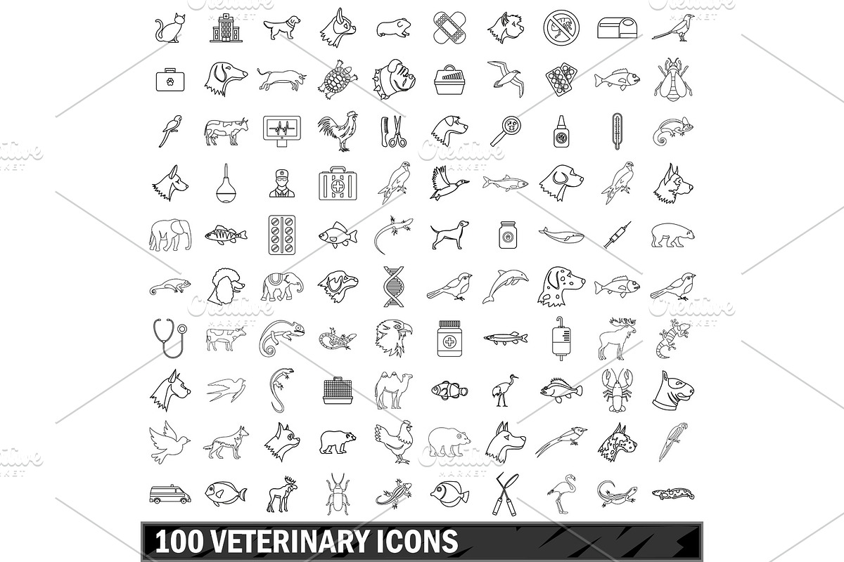 100 veterinary icons set, outline in Illustrations - product preview 8