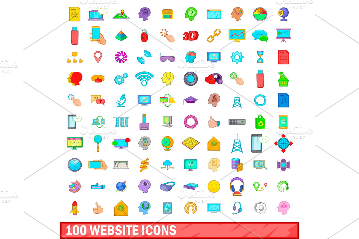 100 website icons set, cartoon style in Objects - product preview 8