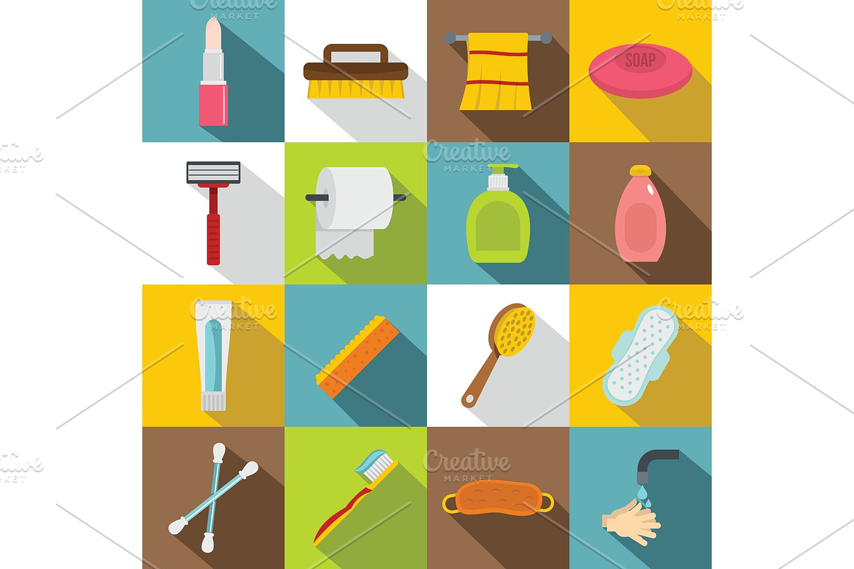 Hygiene tools icons set, flat style in Objects - product preview 8