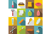 Hygiene tools icons set, flat style