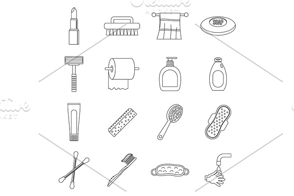 Hygiene tools icons set, outline