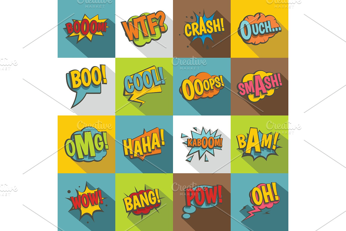 Comic colored sound icons set, flat in Illustrations - product preview 8