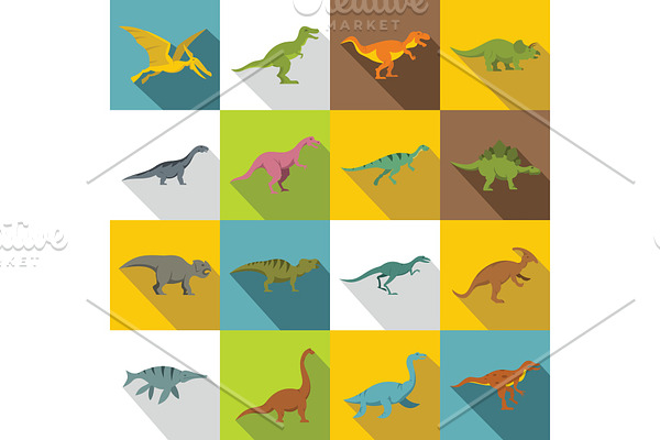 Dinosaur icons set, flat style