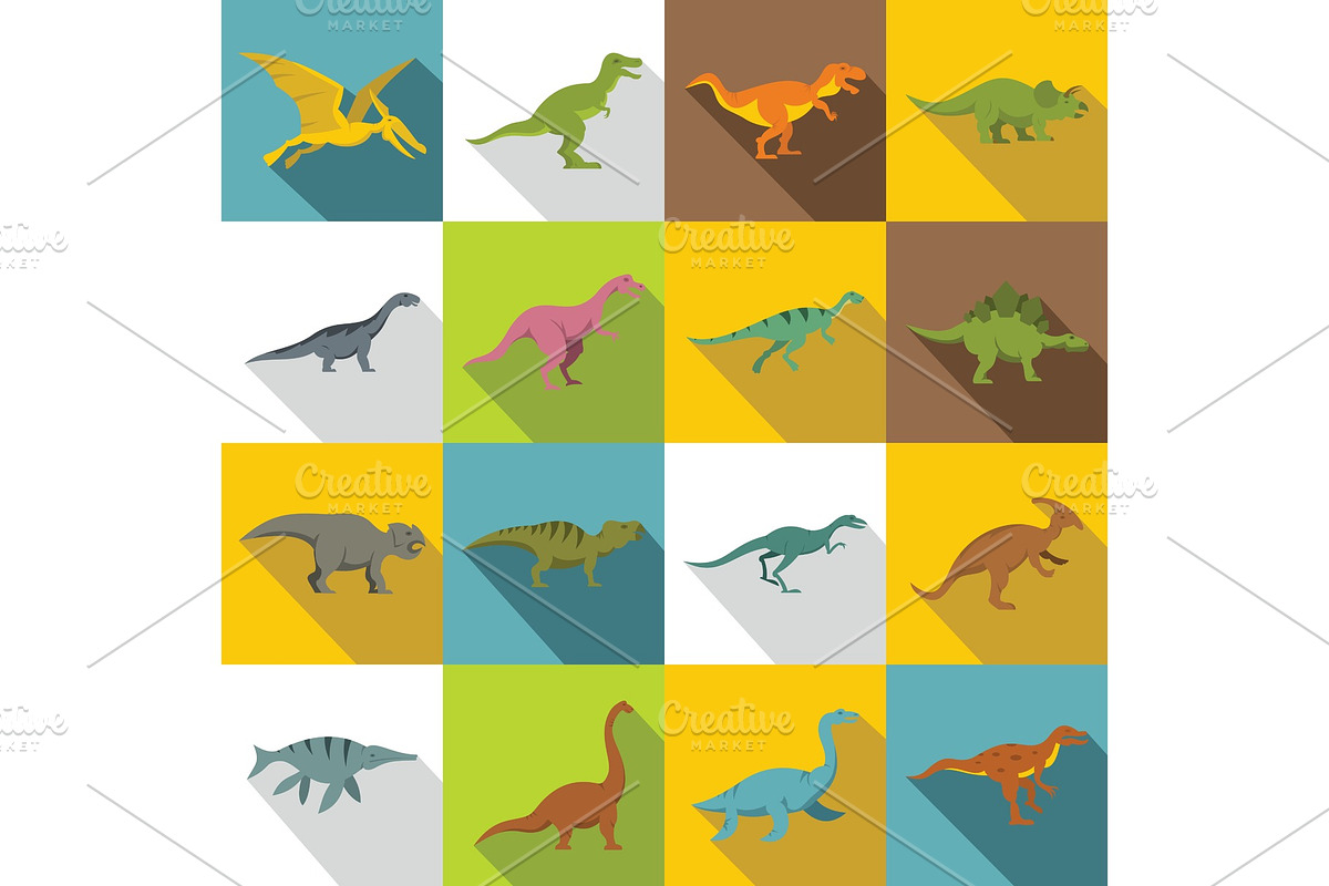 Dinosaur icons set, flat style in Illustrations - product preview 8