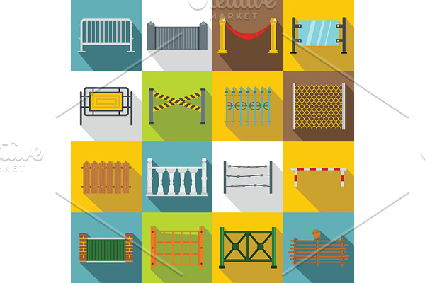 Fencing icons set, flat style