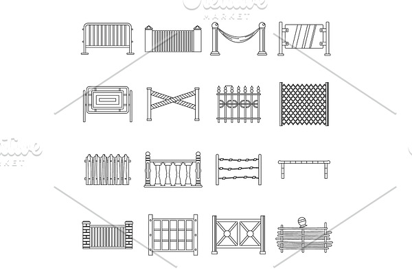 Fencing icons set, outline style