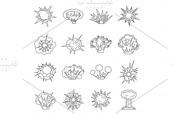 Explosion icons set, outline style