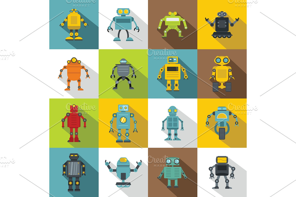 Robot icons set, flat style in Illustrations - product preview 8