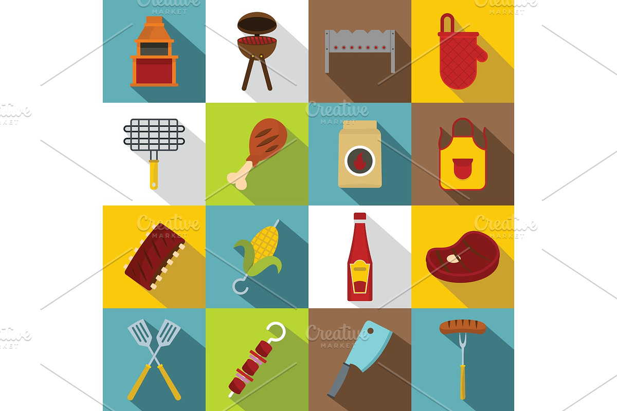 BBQ food icons set, flat style in Illustrations - product preview 8