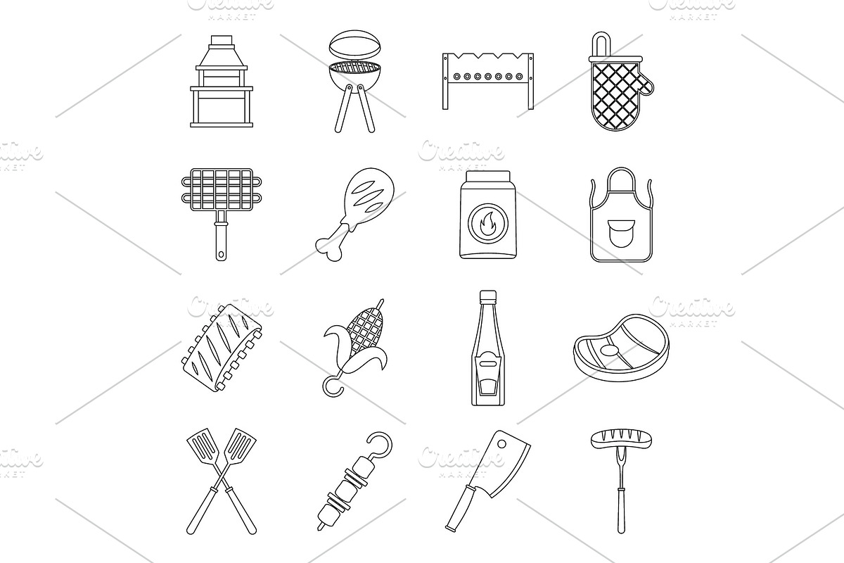 BBQ food icons set, outline style in Illustrations - product preview 8