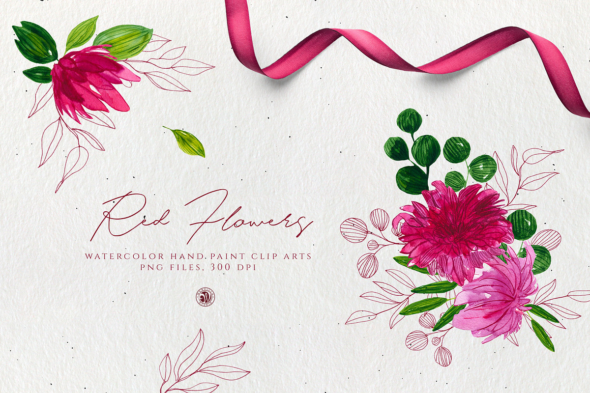 Red Watercolor Flowers in Illustrations - product preview 8