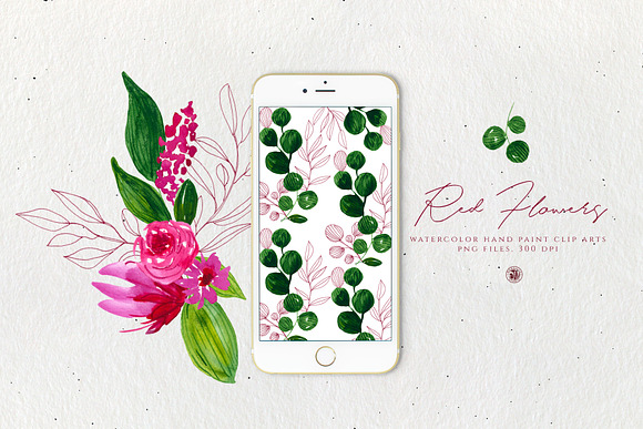 Red Watercolor Flowers in Illustrations - product preview 2