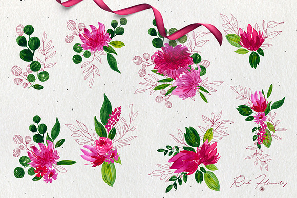 Red Watercolor Flowers in Illustrations - product preview 5