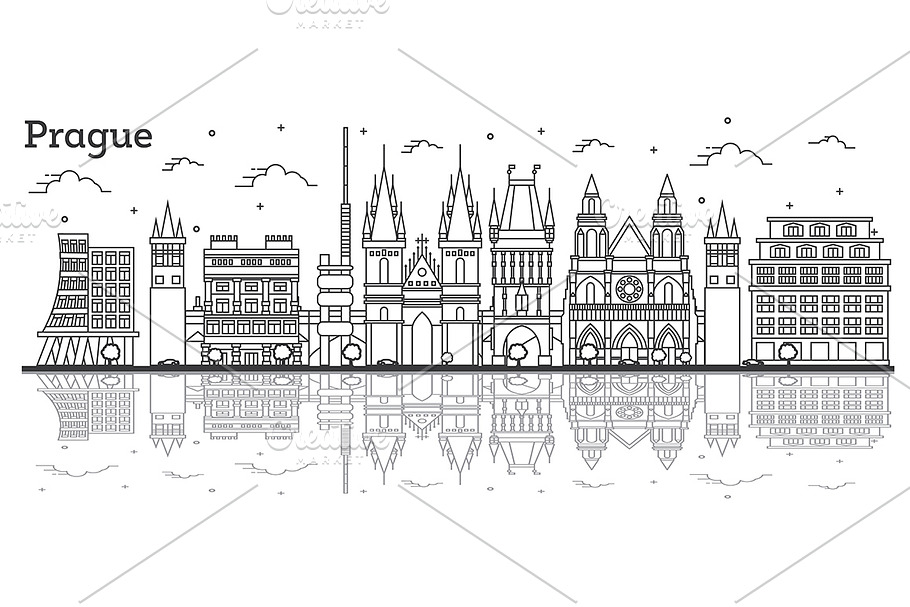 Outline Prague Czech Republic City in Illustrations - product preview 8