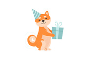 Shiba Inu Dog in Party Hat Holding