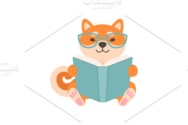 Shiba Inu Dog in Glasses Reading