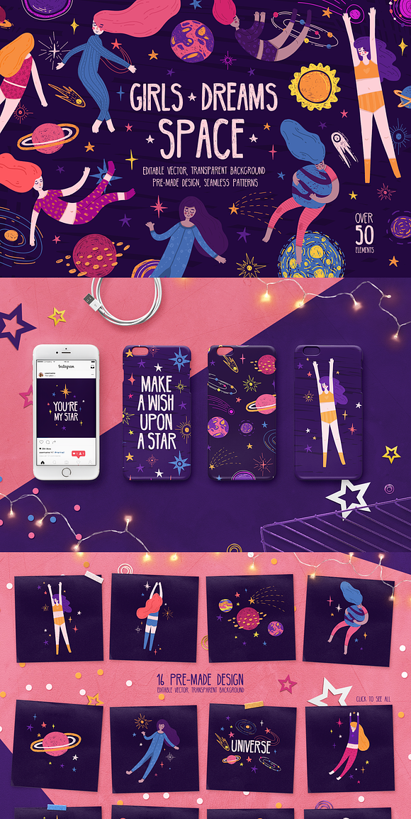 Space Girls ★ Cute set illustration in Illustrations - product preview 11