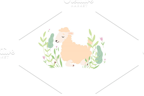 Cute Little Lamb Lying on Green