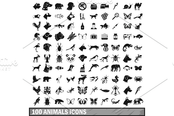 100 animals icons set in simple