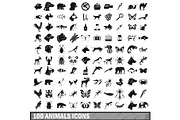 100 animals icons set in simple