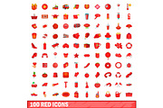 100 red icons set, cartoon style