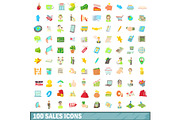 100 sales icons set, cartoon style