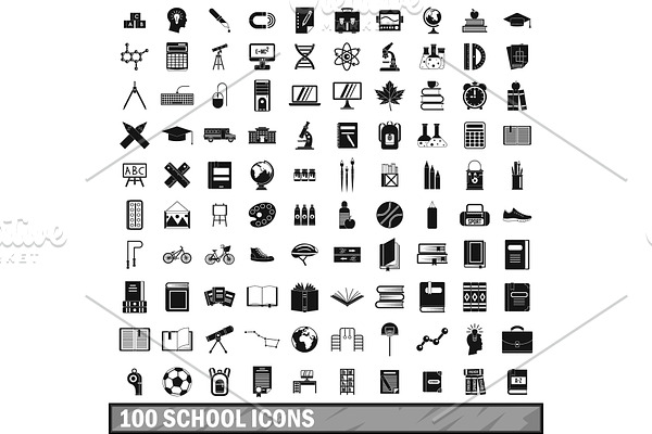 100 school icons set in simple style
