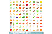100 supermarket icons set, cartoon