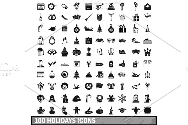 100 holidays icons set in simple
