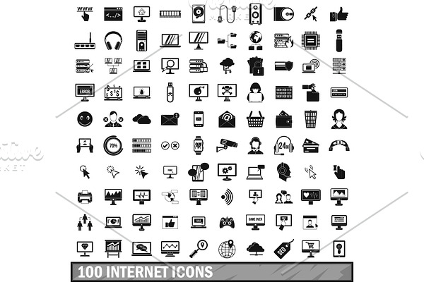 100 internet icons set in simple