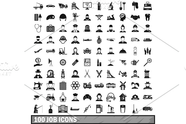 100 job icons set in simple style