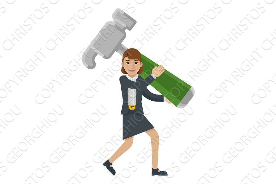 Business Woman Holding Hammer Mascot in Illustrations - product preview 8