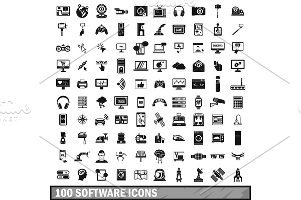 100 software icons set in simple
