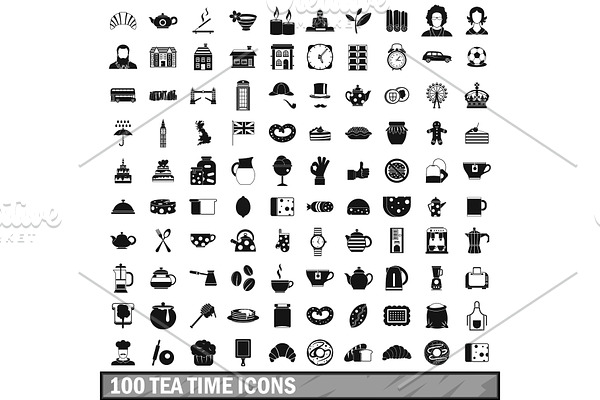 100 tea time food icons set in