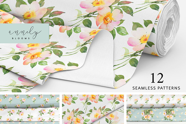 Watercolor flowers seamless patterns
