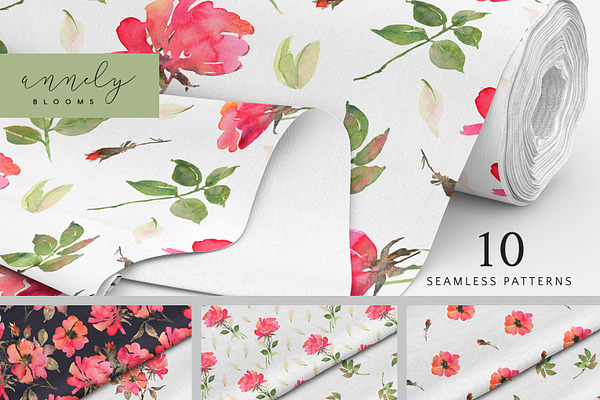 Watercolor flowers seamless patterns