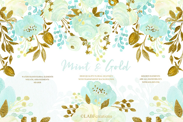 Mint and Gold. Watercolor flowers