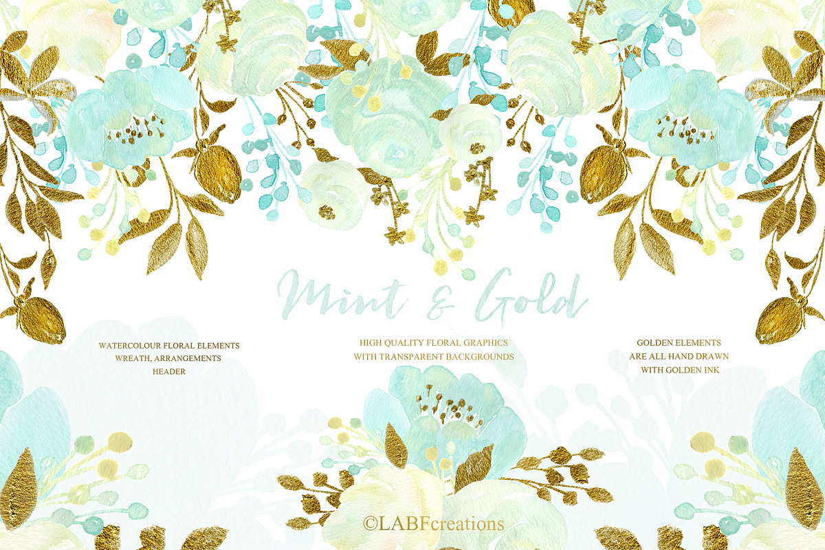 Mint and Gold. Watercolor flowers in Illustrations - product preview 8