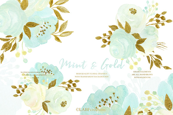Mint and Gold. Watercolor flowers in Illustrations - product preview 1