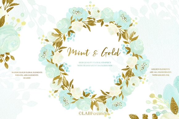Mint and Gold. Watercolor flowers in Illustrations - product preview 2