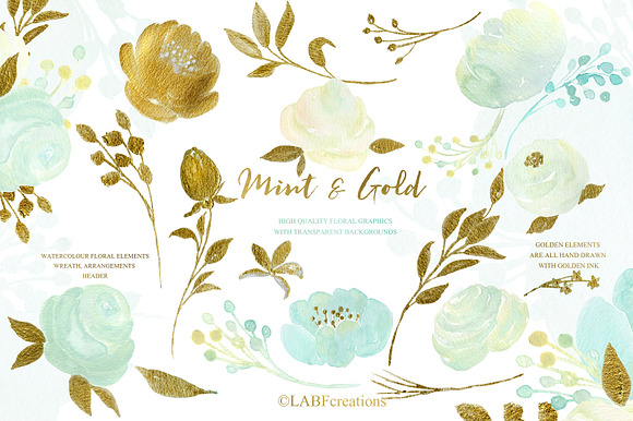 Mint and Gold. Watercolor flowers in Illustrations - product preview 4