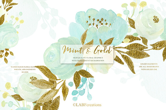 Mint and Gold. Watercolor flowers in Illustrations - product preview 5