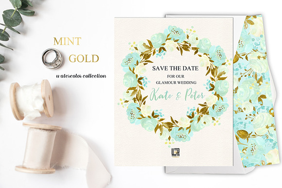 Mint and Gold. Watercolor flowers in Illustrations - product preview 6
