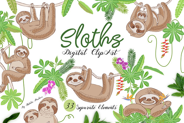 Sloths in Jungle Digital Clipart
