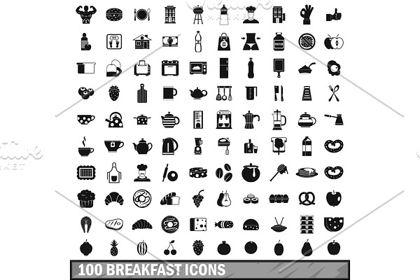 100 breakfast icons set in simple